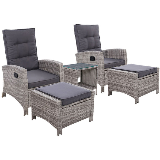 Galina - 5PC Recliner Chairs Table Sun Lounge Wicker Adjustable Grey