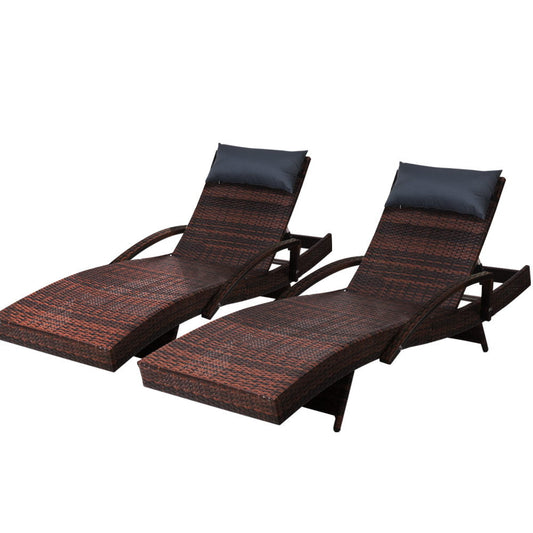 Adria - 2x Sun Lounge Wicker Lounger Beach Adjustable Brown