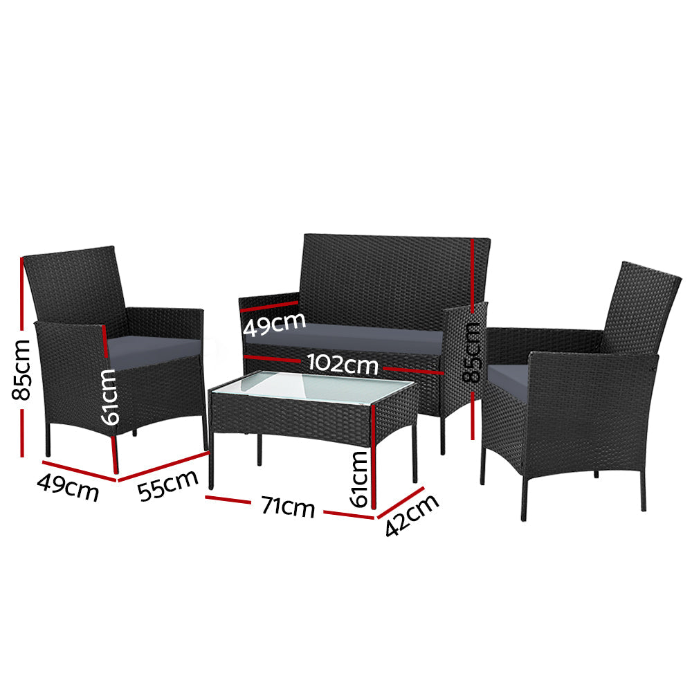 Elysia - 4 Seater Outdoor Sofa Set Wicker Table Chair Black