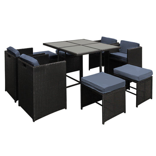 Darina - Outdoor Dining Set 9 Piece Wicker Table Chairs Black