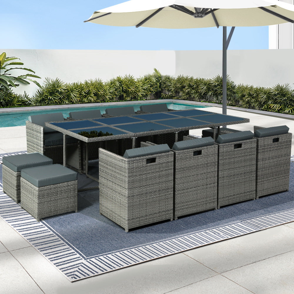 Ember - Outdoor Dining Set 13 Piece Wicker Table Chairs Grey