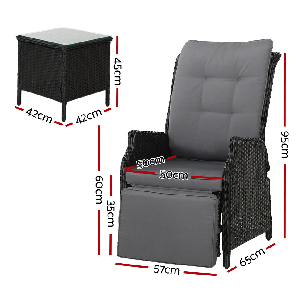Verena - 3PC Recliner Chairs Table Sun Lounge Wicker Adjustable Black