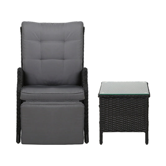 Verena - 3PC Recliner Chairs Table Sun Lounge Wicker Adjustable Black