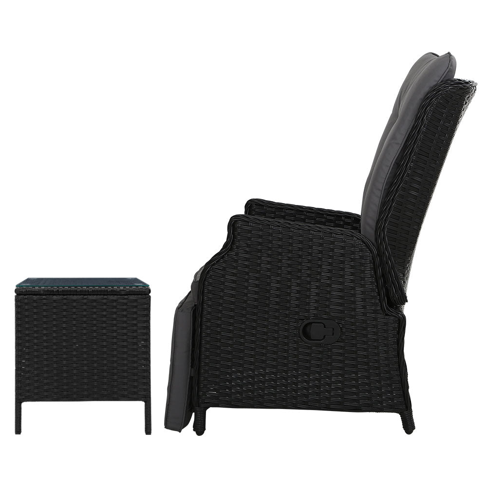 Verena - 3PC Recliner Chairs Table Sun Lounge Wicker Adjustable Black