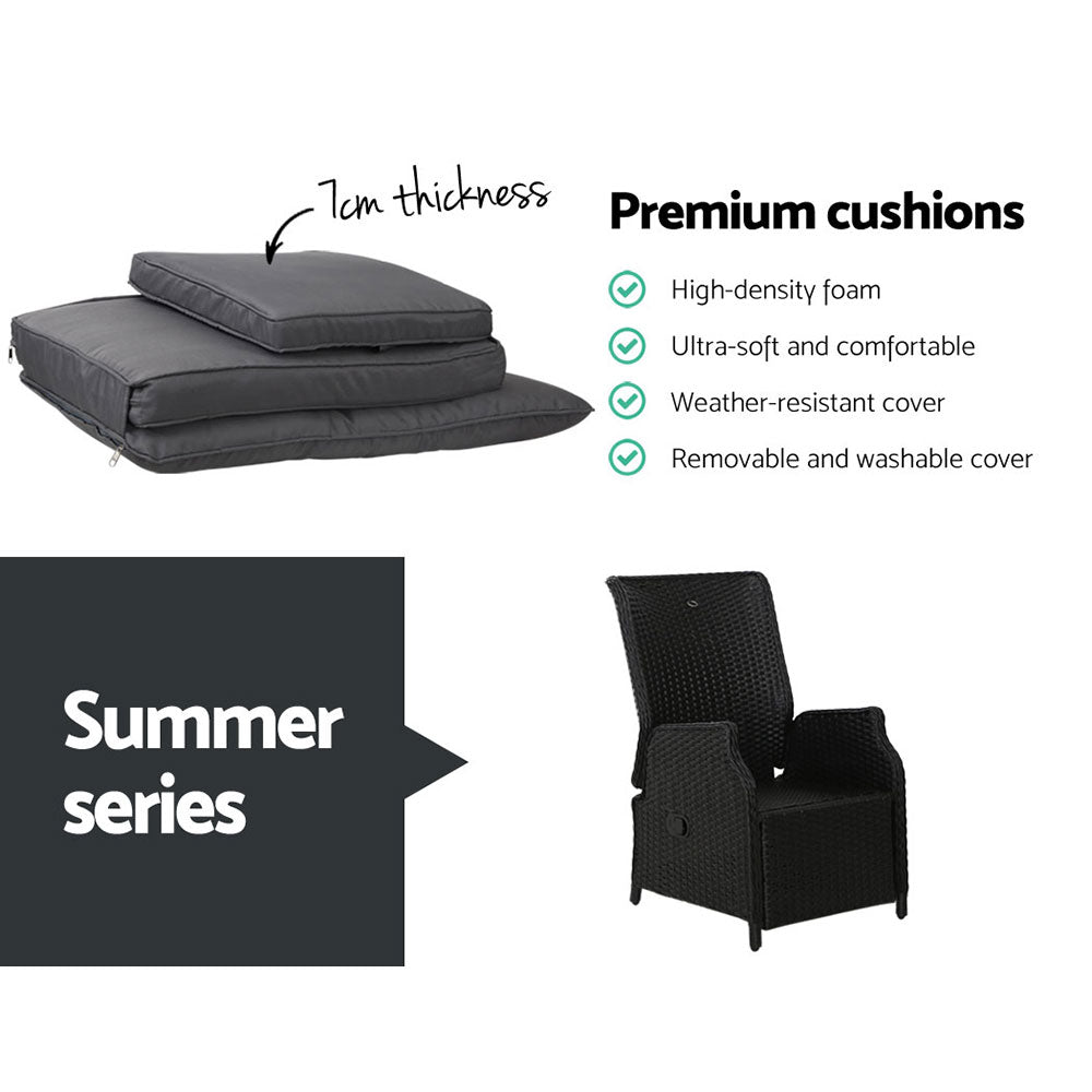 Verena - 3PC Recliner Chairs Table Sun Lounge Wicker Adjustable Black