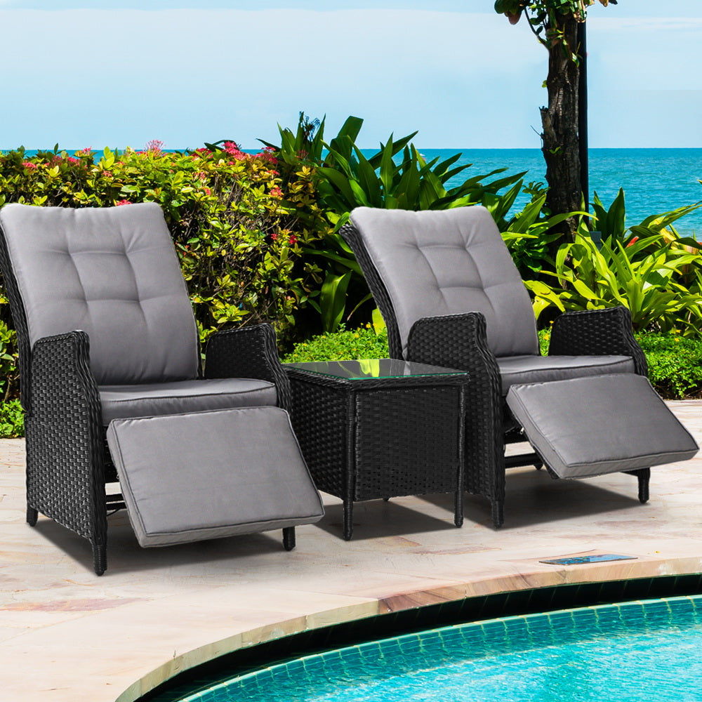 Verena - 3PC Recliner Chairs Table Sun Lounge Wicker Adjustable Black
