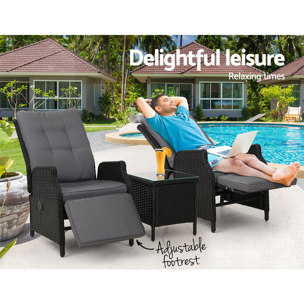 Verena - 3PC Recliner Chairs Table Sun Lounge Wicker Adjustable Black