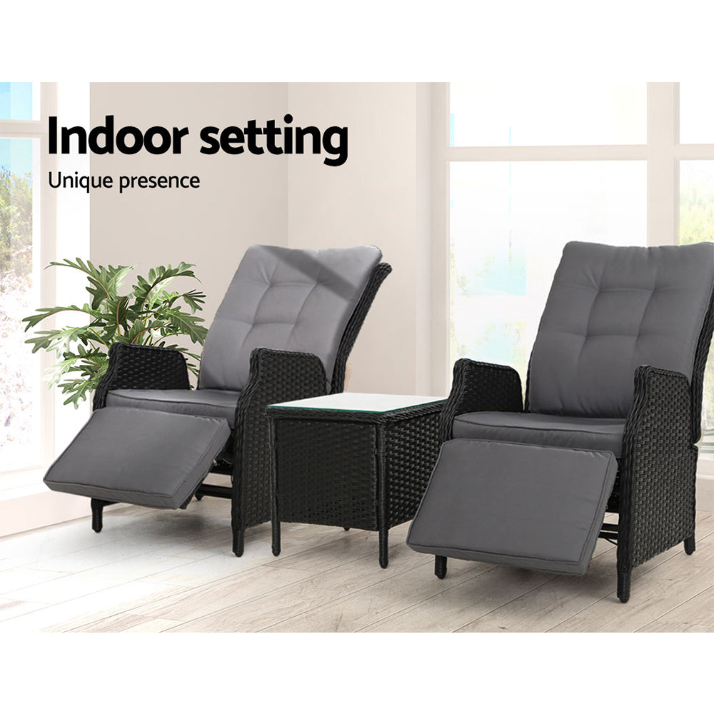 Verena - 3PC Recliner Chairs Table Sun Lounge Wicker Adjustable Black
